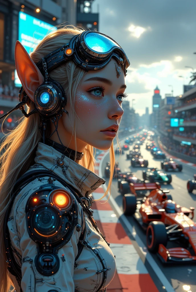 an elven F1 race, F1 cars passing by, close up, a beautiful  elf, driving the F1 car, fantasy atmosphere, elven world, artistic,  good quality, vibrant color, masterpiece, best quality, amazing quality, beautifully aesthetic, highly detailed, high-resolution, anatomically correct, cinematic, depth of field, soft lighting, volumetric lighting, delicate, ARW 