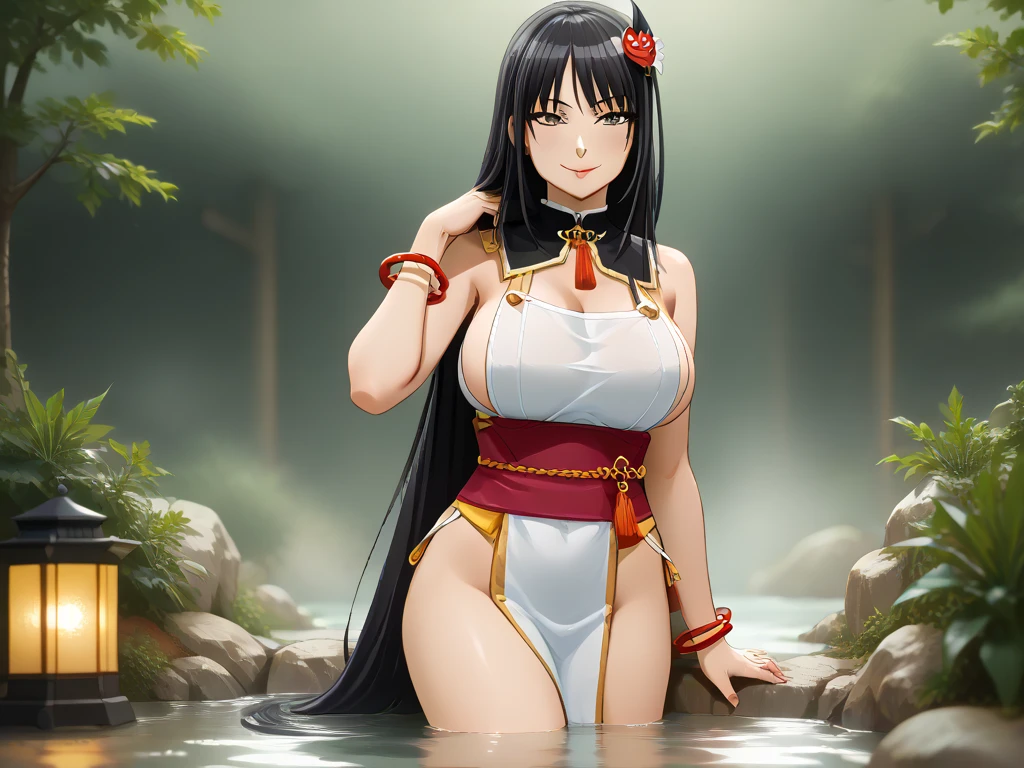 best quality, high resolution, different image, detailed background, woman, medium breasts, random wear, long black hair, next to a rice paddy, daytime, dutch angle, long throw, serious look, imposing, sensual, Oni female wearing a peasant kimono outfit