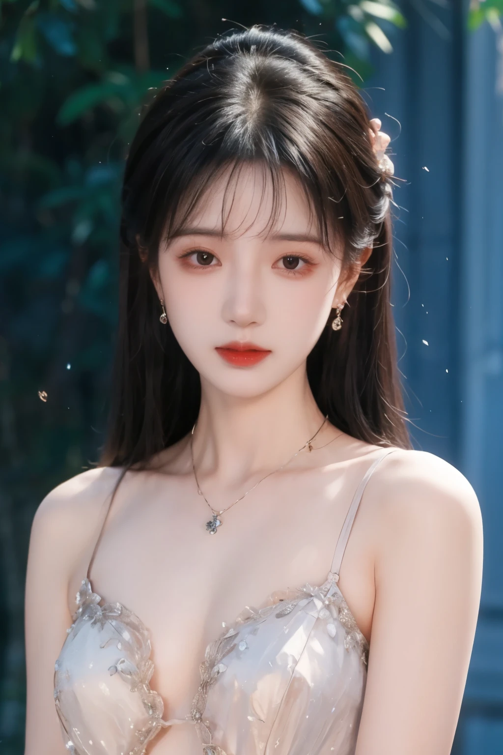 ( masterpiece, highest quality:1.2), 8,000, 85 mm, original photo, confuse, hair, Gradient Dress , Delicate girl,Shiny Skin, , watching the audience, HDR, clear focus, particle, Twilight Sky , Shiny Skin, small eyes and face , brightly colored background, earrings、 necklace、clavicle、Straight long hair、Straight hair perm 、Big breasts, Transparent,