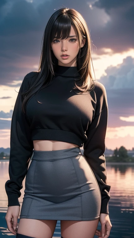 8k, highres, ultra detailed, (masterpiece:1.4), best quality, symmetrical body, a beautiful 18 year old girl, (cropped grey cotton hoodie with lettering:1.5), (leather leggins:1.5), full body shot, cute, solo, long hair, brown hair, blue eyes, glow effect, finely eye, detailed face, looking at viewer, smilling at viewer, leaning forward, dominant look, (seductive:1.4), big breasts, sun, rim light, in the city, (sexy pose:1.4)