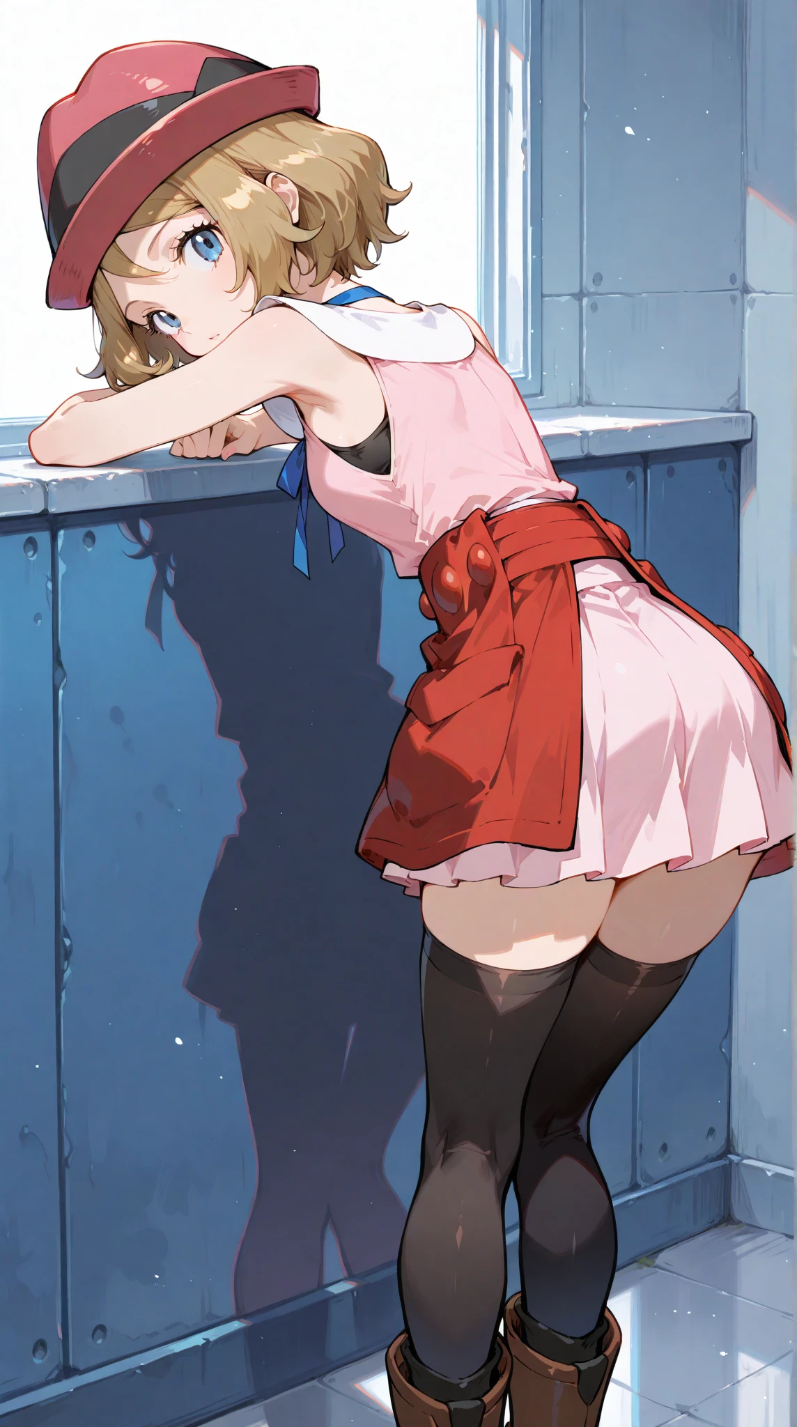 (1girl, Hakurei Reimu, touhou), (large hips), (beautiful ass), back view, Highest quality, Super detailed, masterpiece, Ultra-high resolution, 8K, High Contrast, bent over, (Sailor uniform, micro mini skirt), (light blue striped see-through panties, Sticky panties, cameltoe), (bare back, crop back), Underboob, black stockings, (Thighs), (waist line), Shower room, (from above)