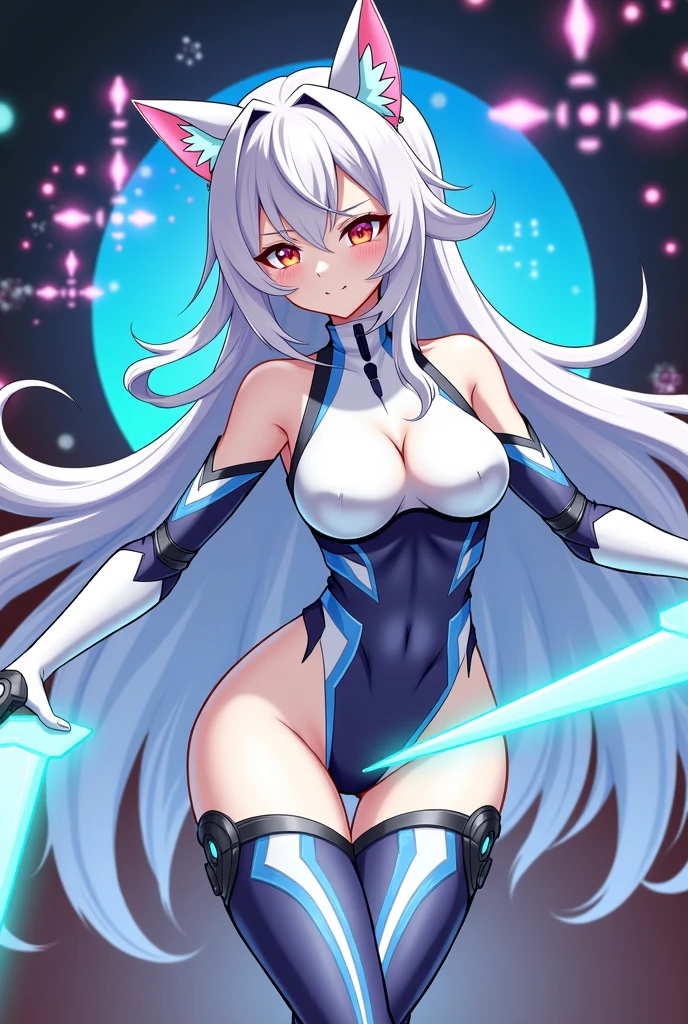 Emilia re:zero, purple eyes, Emilia, crown braid, x hair ornament, flower hair ornament, white hair, long hair, medium breasts,Young girl, long white hair, turquoise eyes, blue superhero costume, fox ears, fox tail, blue fire, smile, masterpiece, high quality