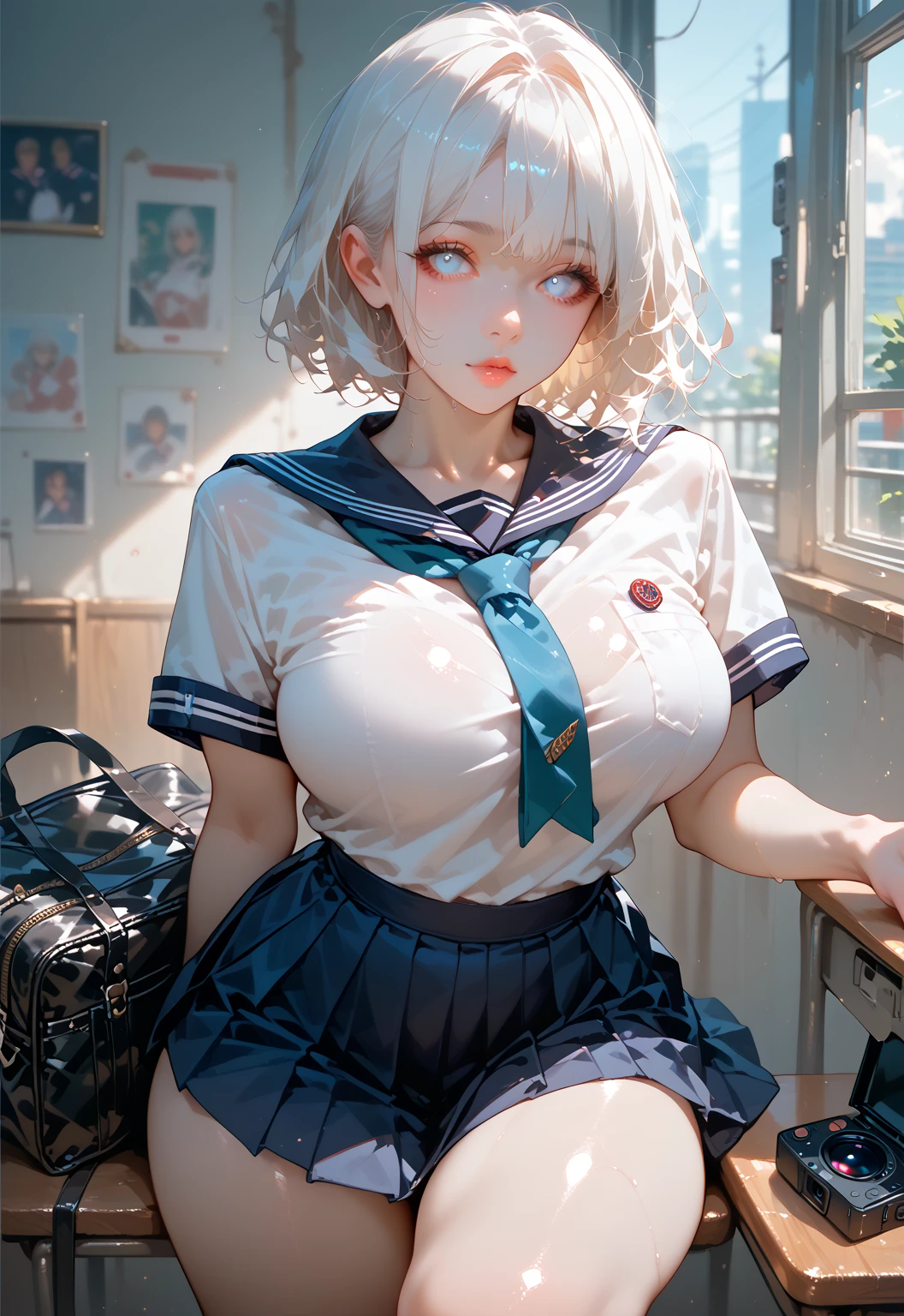 独奏、(Sailor suit summer uniform、Navy Pleated Skirt、Navy blue micro hort sleeve white shirt、Navy Blue Ribbon)、(Big Breasts、slim、Slimming、Muscular、Beautiful Abs、Bare thighs)、Blue Eyes、(I opened my mouth slightly、Sexy look、Blushing)、(Blonde、Shortcuts)、NSFW、high school girl、high school、classroom