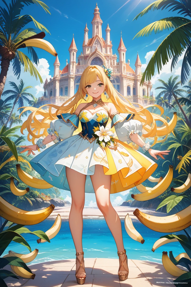 (score_9, score_8_up, score_7_up), source_anime, absurd_res, white, blue, black, 1girl, solo, super fine illustration, an extremely delicate and beautiful, best quality, masterpiece, 8K, banana-themed gorgeous girl, yellow-blonde hair, stylish banana-patterned outfit, banana accessories, well-proportioned attractive female body, anatomically perfect, detailed beautiful face, confident smile, playful pose, surrounded by small banana-themed companion creatures, tropical background, banana trees, bright yellow color scheme, charming expressions, perfect shot, vibrant lighting, cinematic angle, official art style, lighthearted atmosphere, bold composition, full body view.