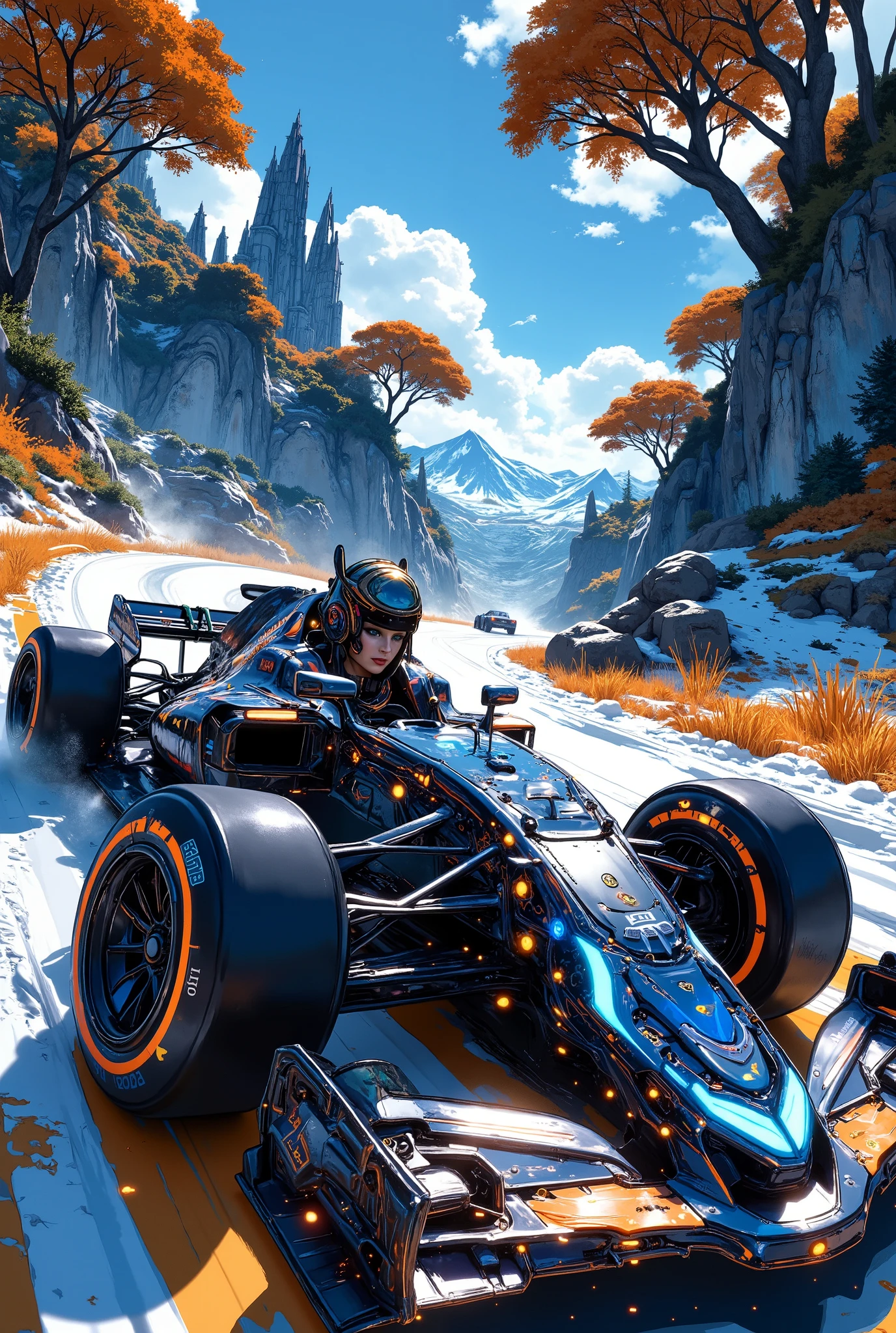 an elven F1 race, F1 cars passing by, close up, a beautiful  elf, driving the F1 car, fantasy atmosphere, elven world, artistic,  good quality, vibrant color, masterpiece, best quality, amazing quality, beautifully aesthetic, highly detailed, high-resolution, anatomically correct, cinematic, depth of field, soft lighting, volumetric lighting, delicate, ARW 