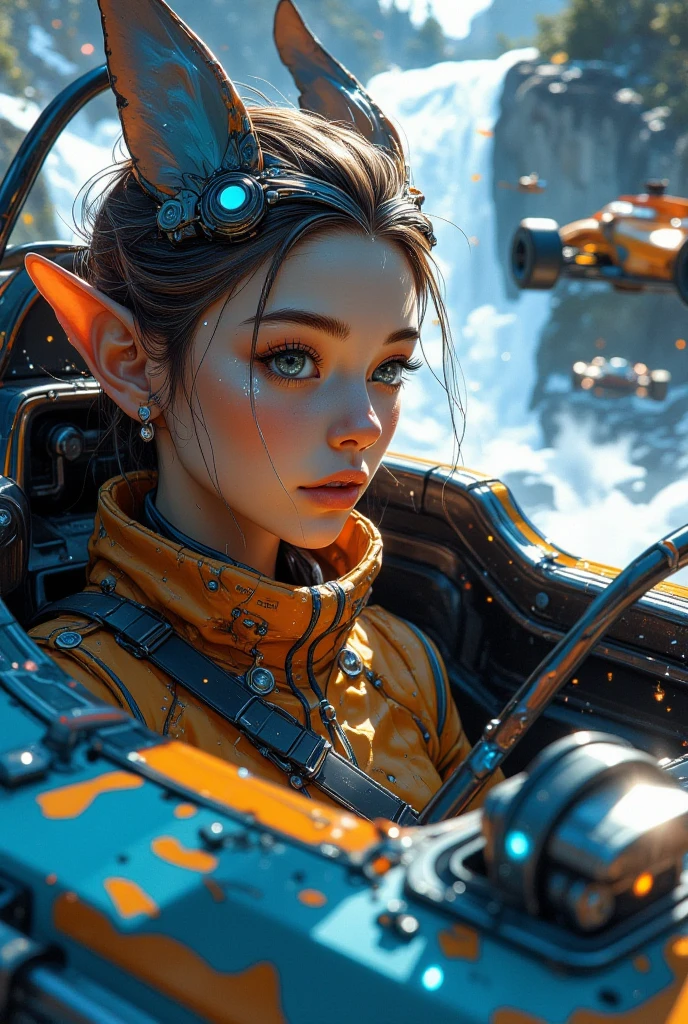 an elven F1 race, F1 cars passing by, close up, a beautiful  elf, driving the F1 car, fantasy atmosphere, elven world, artistic,  good quality, vibrant color, masterpiece, best quality, amazing quality, beautifully aesthetic, highly detailed, high-resolution, anatomically correct, cinematic, depth of field, soft lighting, volumetric lighting, delicate, ARW 