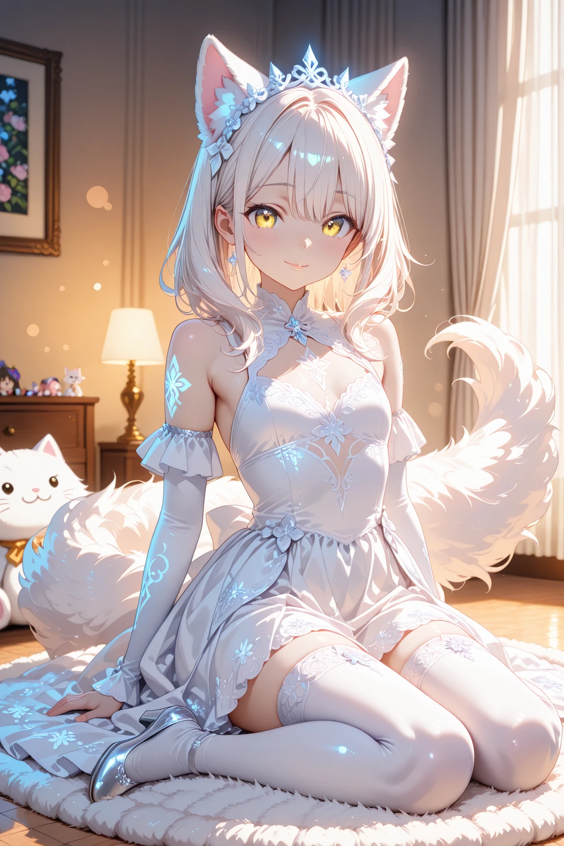 (best quality,4k,8k,highres,masterpiece:1.2),ultra-detailed,(realistic:1.1),portrait,illustration,((white-haired princess)),((sparkling blue eyes with a touch of pink)), creamy fair skin with a rosy tint, cute and fashionable outfit that complements her style, delicate smile that radiates warmth and kindness, figure with small breasts and a curvy, voluptuous bottom, pointy lynx ears that peek out from her silky hair, soft and elegant lighting that highlights her features, vibrant and lively colors that bring the artwork to life.