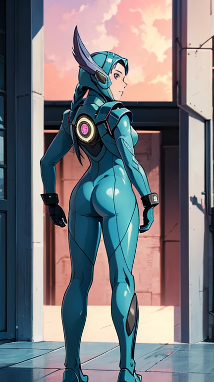 (masterpiece:1.2), high res, extreme detail, 1girl, (Signalis), a girl in a black bodysuit standing in a dark hallway, (cowboy shot:1.3), starry night, dynamic pose, black bodysuit, (face augments, ear augments:1.3), brown hair in bun, detailed robotic blue eyes, (solo:1.ixilated:1.3), anime, legs, kardashian ass, fat ass, voluptuous, wide hips