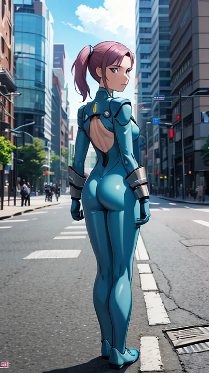 (best quality, masterpiece1.2), (detailed eye:1.2), intricate detail, depth of field, 1girl, superhero, bodysuit, blue hair, long braid, ruined city, cyberpunk, neon, backlight