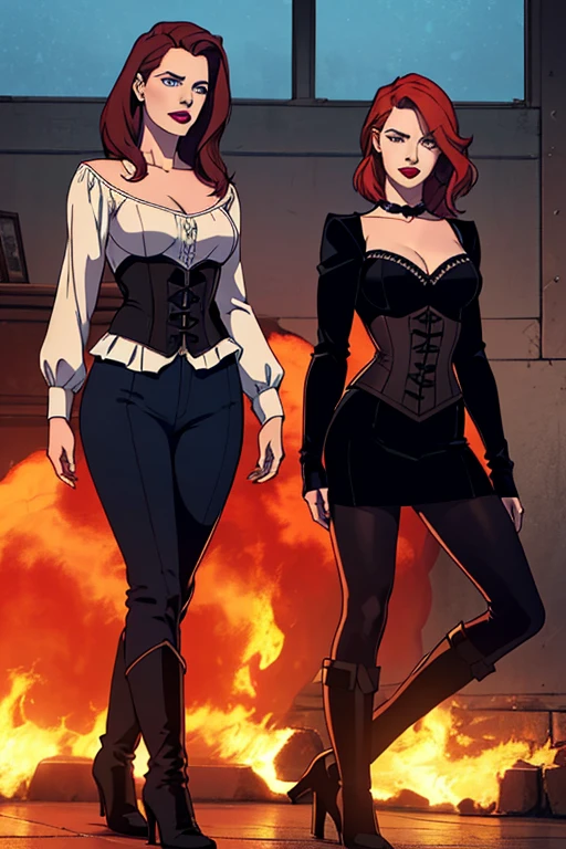 (masterpiece),(best quality),(ultra-detailed),(best illustration),(best shadow),(absurdres),(detailed background), full body, women, long red hair, Black dress, black eyeshadow, New york background, elegant, black platform heels.
