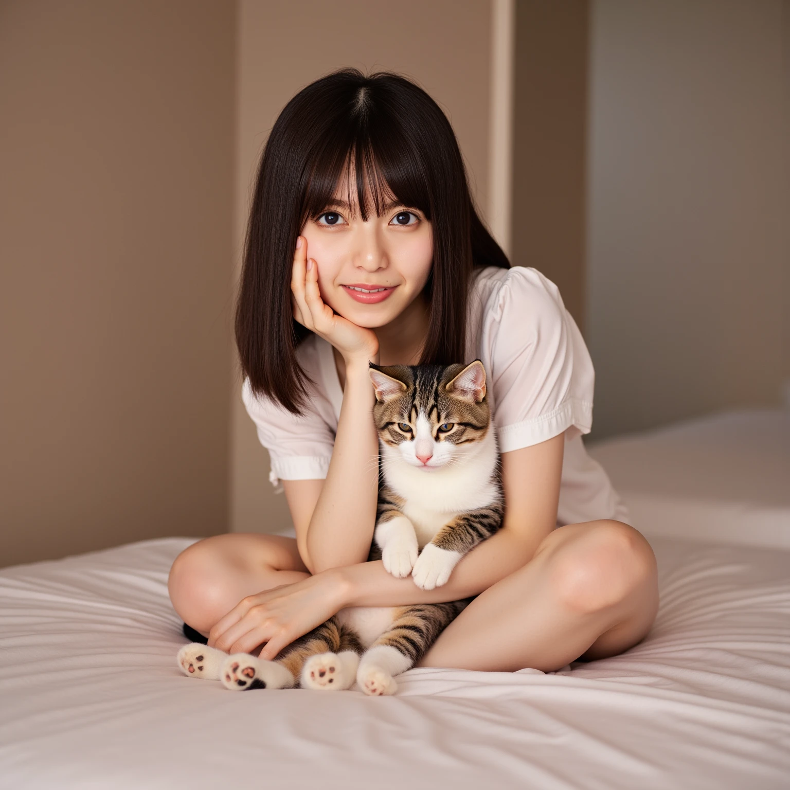 (8k,RAW Photos,Highest quality,masterpiece:1.8),(Realistic),1man and 1girl,(Completely naked,nude:1.8),small胸,(Thin arms),(Flat Chest:1.4),(Embarrassed expression:1.4),(smile:1.6),(wavy mouth :1.6),(white teeth:1.4),Lots of eyelashes,Add shine to your eyelids,skeletally correct,(Glowing Skin:1.6),(NSFW :1.8),(Holding the cat:1.6),(Pale skin:1.8),(small:1.8),(child:1.4),(10 years old:1.8),(Hairless:1.4)