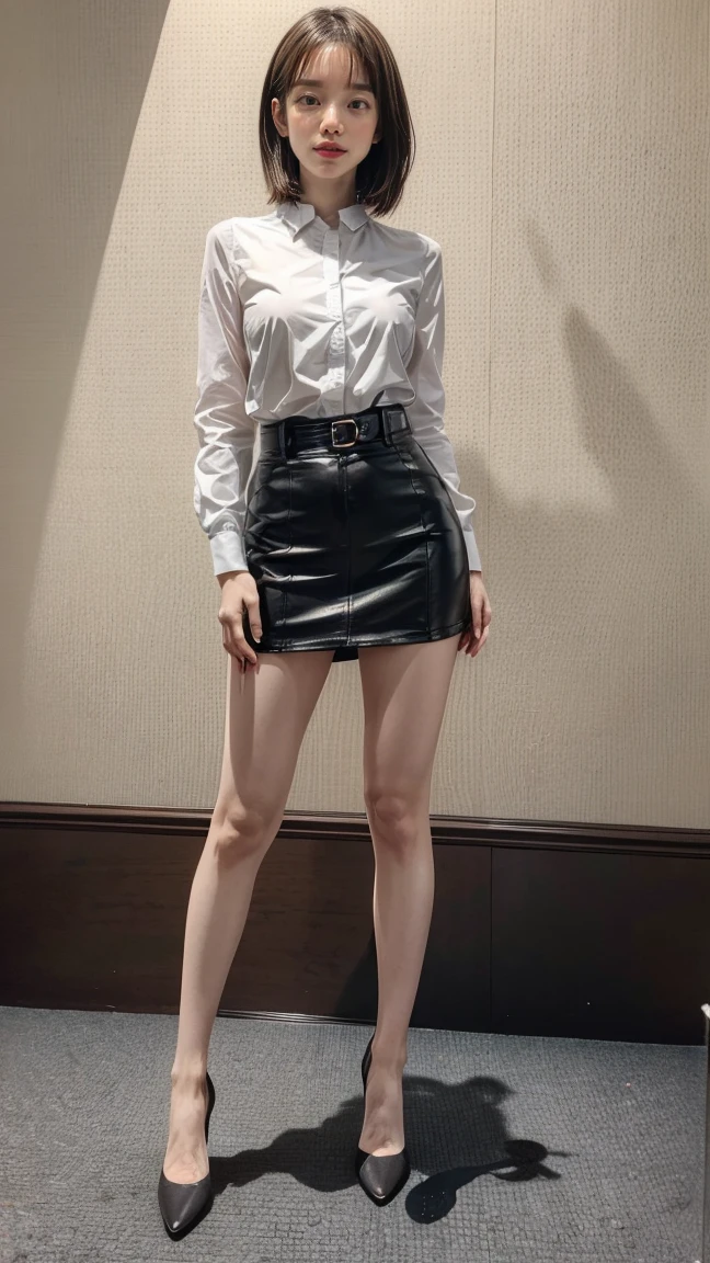 (8K、RAW Photos、Highest quality、masterpiece:1.2)、(Realistic、Realistic)、1 Girl、((Bondage、Bodysuits、black、Thin legs、whole body、mini skirt、tights、boots、basement、View from the front、Looking into the camera、belt、Stand with hands on hips))、cute
