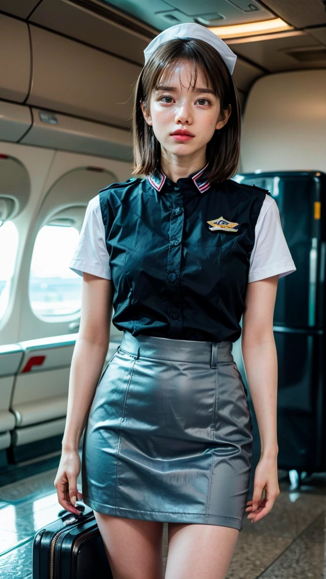 8K, Ultra HD, Best quality, masterpiece, ultra realistic, Photo, 1 girl, (18 years: 1.3), Beautiful girl, cute face, ((Shining eyes)), beautiful detail, Slim, ((stewardess)),((((Skirt lift)))),