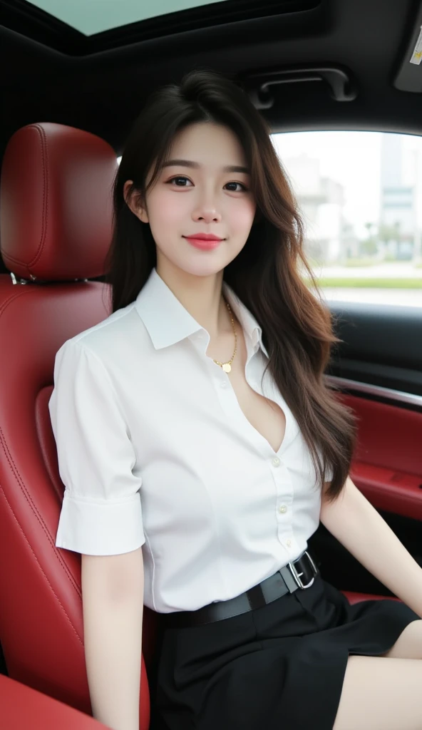 (She is sitting in the passenger seat of the car with her legs apart and looking at me.:1.4)、Shot from above、Japanese women、30 year old teacher、(White blouse:1.4)、(Brown long skirt、big geometric pattern)、pumps、Full body photo、first-person view, close-up, uhd, anatomically correct, super detail, high details, best quality, 16K