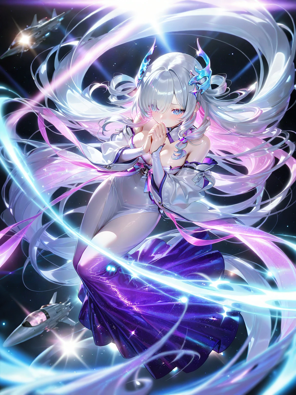 official art, masterpiece, Sharp focus, (Beautiful, gorgeous and cute Korean woman:1.3), (beautiful and cute korean:1.3), Korean beauty, Exquisite and beautiful hair、Eyes and face, Practical, Ultra Detailed, beautiful girl, Blue sky, Glowing white particles, (Side Light:1.2), Sunlight, Baiyun, Detailed clouds, slim, Very cute big and big butt, Smile with teeth bared, ((Smile with your eyes, Open your eyes)), landscape, Long and straight hair, Sexy facial expressions, architecture, (city View:1.7), Dynamic Hair, very Long and straight hair, Delicate platinum silver hair, Green eyes, Pink skirt, Black socks, Pale skin, Hair accessories, epic landscape,,White high heels,Nice butt,Beautiful buttocks,Nothing under the skirt,Weight loss