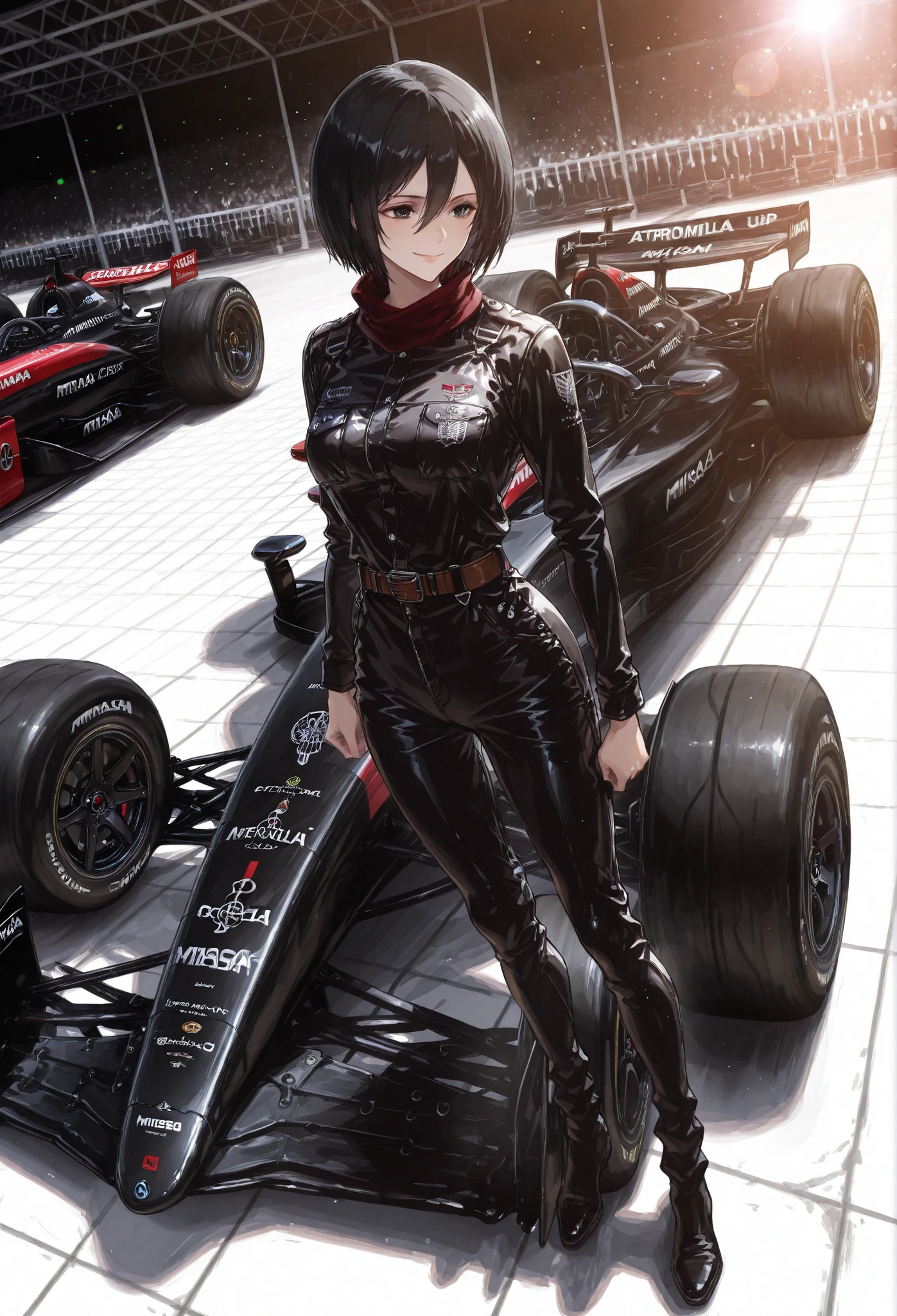 core_9, score_8_up, score_7_up, super detail , high details , high quality , best quality , highres , 4K Dynamic angle, front, Mikasa Ackerman, standing, full body, black leather jumpsuit, (A woman stands next to a formula car) uhd , retina , masterpiece , ccurate , anatomically correct , textured skin (Black short hair) smile blanck Formula car Stand on the grid at the circuit Sunny day with spectators in the stands lens flare