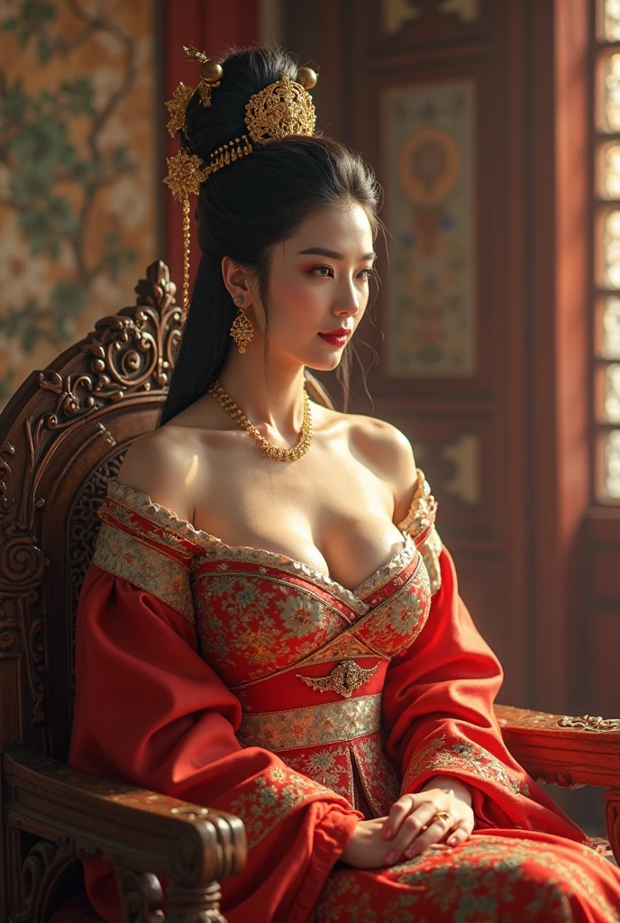 Wearing dreamy Hanfu。Tight，High heel。Breast protrusion。Breasts are larger than the torso。Perfect body，Supermodel。 leg rings。good facial features。high quality faces。sexy idol girl group。The Ultimate Body。Smooth and delicate skin。Exquisite facial features。prostitute。A true physics engine。woman with smooth skin。energetic woman。Crazy horse show。Sexy hot woman。Immortal Cultivator。hat，Knife crown，Hairpin。Cloak。Model shooting poses。(thick thighs, curvy Chinese model)) green outfit , ((huge golden palace, sitting on throne, hands on knees))