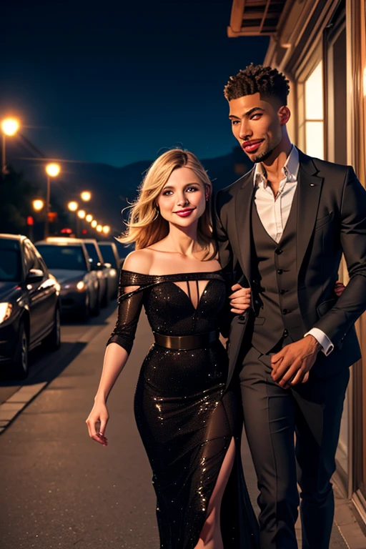 hay un hombre y una mujer caminando por la calle de noche, Lazo negro, por Adam Saks, por Emma Andijewska, bien vestido, bien vestido, pareja sonriente, por Alexander Kotsis, estilo de vida, por Jakob Gauermann, por Silvia Pelissero, Netflix, por Roman Bezpalkiv, Una pareja elegante, vistiendo esmoquin