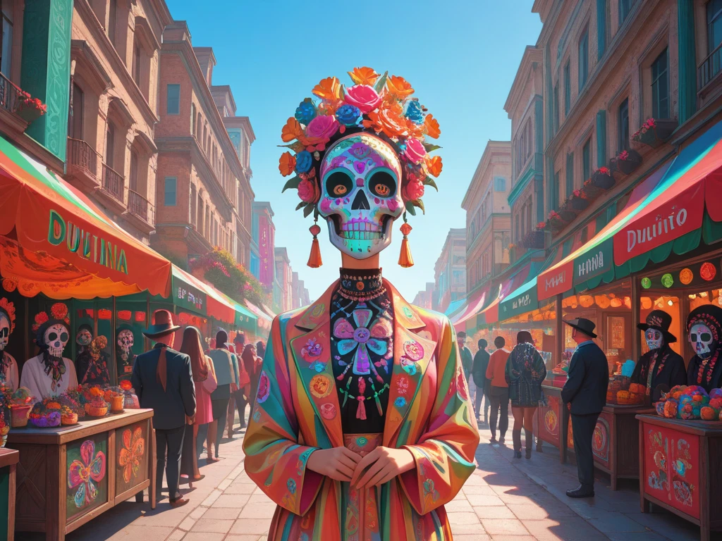 masterpiece, best quality, amazing quality, hyper-detailed, newest, very aesthetic, colorful, day of the dead, Día de los Muertos, La Catrina, celebrating festival party in streets of Mexico, Disney pixar style, diffused light, absurdres, highres