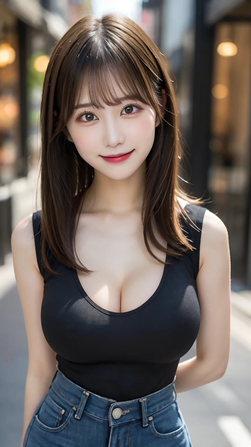 masutepiece, Best Quality, Illustration, Ultra-detailed, finely detail, hight resolution, 8K Wallpaper, Perfect dynamic composition, Beautiful detailed eyes, Women's Fashion Summer,Medium Hair,Small breasts natural color lip, Bold sexy poses,Smile,Harajuku、18 years girl、Cute、Sexy shot looking at camera, (Large Breasts:1.5), (Slim Body:1.5),