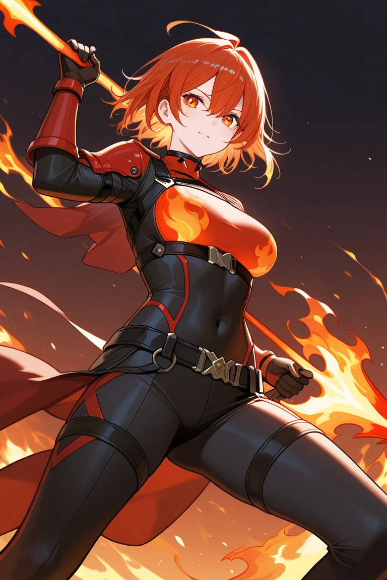 aesthetic, fire, milf woman, epic portrait, sci-fi, detailed surroundings, little details, cameltoe, micro skirt, wearing sexy costume, shadow play, scenery