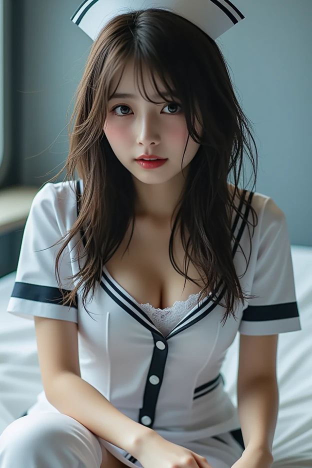 Graduation Ceremony、high school girl、uniform 、navy blue blazer、Bedroom、lying on the bed、perfect proportions、cute、((18 year old female:1.2))、young adorable japanese face，big breasts, valley, official art，Highly detailed CG Unity 8K wallpaper，（masterpiece:1.0),(highest quality:1.0), high resolution,4k,Super detailed, photo shoot, 8K, nffsw, High resolution, kodak portrait 400, film grain, lens flare glow, professional lighting,cinematic light, looking at viewer t shirt