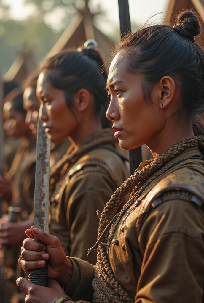 Close-up of a ((beautiful girl warior)) , half human, half wolf, their faces partially obscured by military helmets. Their eyes are filled with sadness and longing. The background is a trail of blood and violence. SHe wears a mechanized robot armor, carved with animal elements, human skulls. The sky is filled with swirling, fiery clouds. The photo conveys a strong sense of the warrior's appearance, ((smiling)).