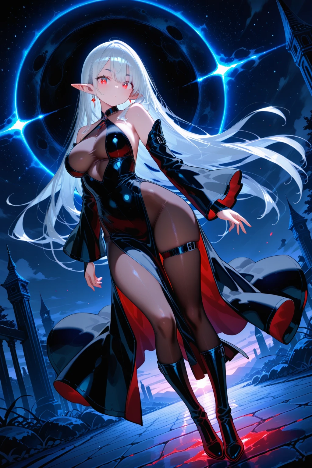 1The Witch of Man。Big Breasts。glamorous body。Silver-haired half-up。Golden eyes。Black top inner。Wearing a red cloak。Wearing a big red hat。Shoulder Off,Cleavage exposure。beautiful long dress, brown Clothes, dusk, dusk sky, sunset,Free Pose。Low - Angle