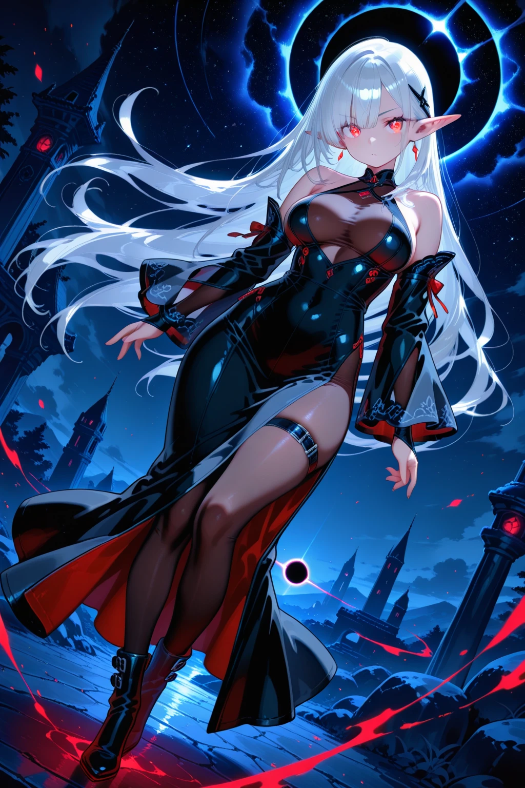 adult woman, pink eyes, long blonde hair, sexy black dress, moon, night