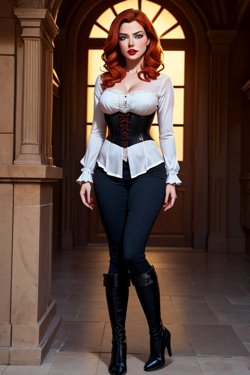 (masterpiece, best quality, ultra detailed, absurdres:1.5), 1girl, (sexy, beautiful woman, perfect face, perfect eyes, perfect female body, large breasts:1.5), (miss fortune, long hair, red hair, pirate hat, off shoulders, black pants, cleavage, wide sleeves, knee boots, <lora:MissFoturne_Classic_LeagueOfLegends_FefaAIart:0.8>, <lora:NSFWFilter:-1>), ( full body, standing, indoors, European manor), perfect lighting, smooth, hdr