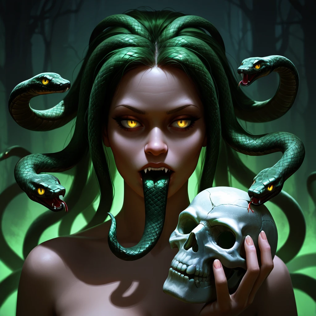 Medusa snake hair, eyes glowing green, night full moon, holding a petrified head