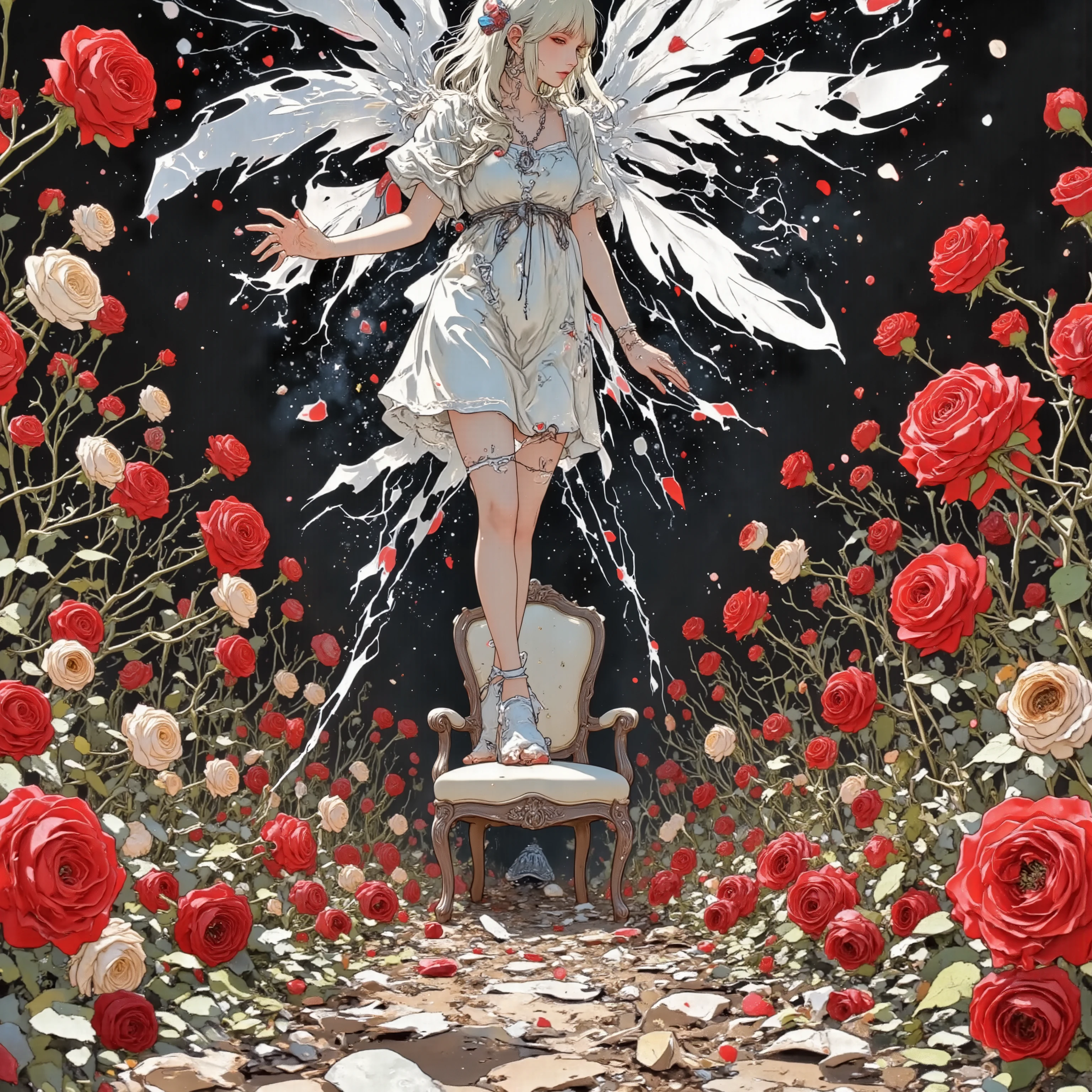This is surrealism. In an endless rose garden adrift in a dreamlike haze, crimson and ivory roses bloom in impossible perfection — petals layered like delicate silk, trembling as if breathing. Between them, wilted roses lie fallen, their colors faded to ash. A beautiful angel stands beside an empty chair, gazing skyward, her torn wings trailing crystal light and broken shadows. This is surrealism. A world both still and shifting, where forgotten feathers turn to obsidian midair. This is surrealism. Women's daily life, surrealism, decaying beauty and immortal form, surrealism, gentle silence hiding irreversible truths, surrealism, contradiction of memory and presence, surrealism, surrealism, surrealism, the concept of life unfolding in stillness.