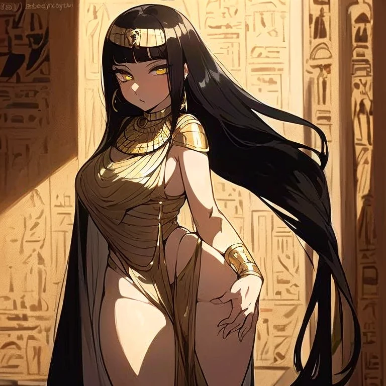 (((Alone))),(((Mature Woman))),(Body with medium curves),(((Amber eyes))),(((Long black hair with bangs))),(((Wearing Egyptian clothes))),((( wearing gold accessories)))