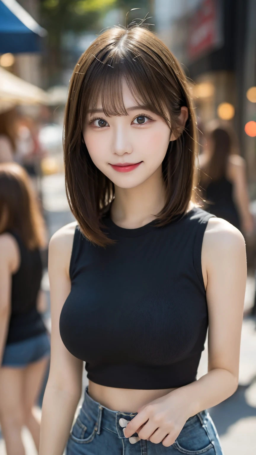 RAW shooting),1 girl,(Smiling and facing the camera),(Front shot:1.1),(Look forward),18-year-old,cute,Japanese,Black short ponytail,glamorous,(Big Breasts),( close),(breast focus),street,Clothing dress