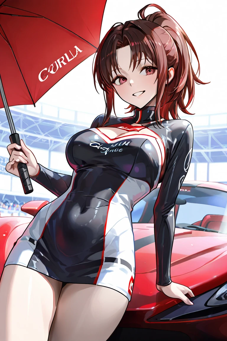 only 1 adult sexy woman, big hips in a corset and a black and white outfit, massive breast, high red curly ponytail, red glasses, with Fishnet on breasts and can be on legs too, wearing japanese techwear, intriguing outfit, anime girl , photograph of a techwear woman, normal proportion of an adult woman, not too short or fat, the whole pic in purple tones, , high quality, (((short skirt, white revealing top))), sunset background