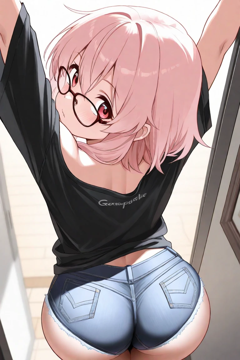 best quality, detailed girl, glaring,pink braided short hair,glasses, bikini armor,fighters, show off panties, lift skart,panties,(((((no panties))))) ,((stick out butt)),multiple views