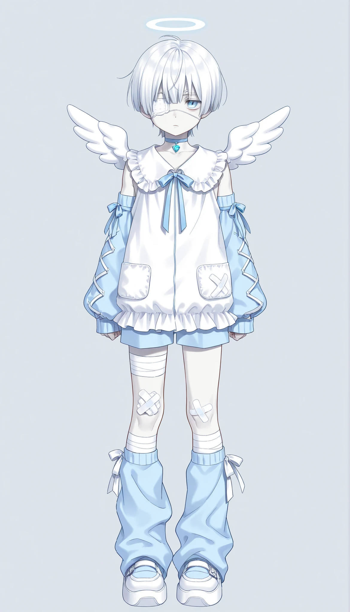 (((Highest Quality))), (Simple background), 1boy, bored expression, pale skin, full body, standing, light blue eyes, white hair, straight hair, short hair, kuragecut, angel, mizuiro, oversized, cozy, ribbon, frilly, detached sleeves, eyepatch, bandages, bandaids, choker, short short