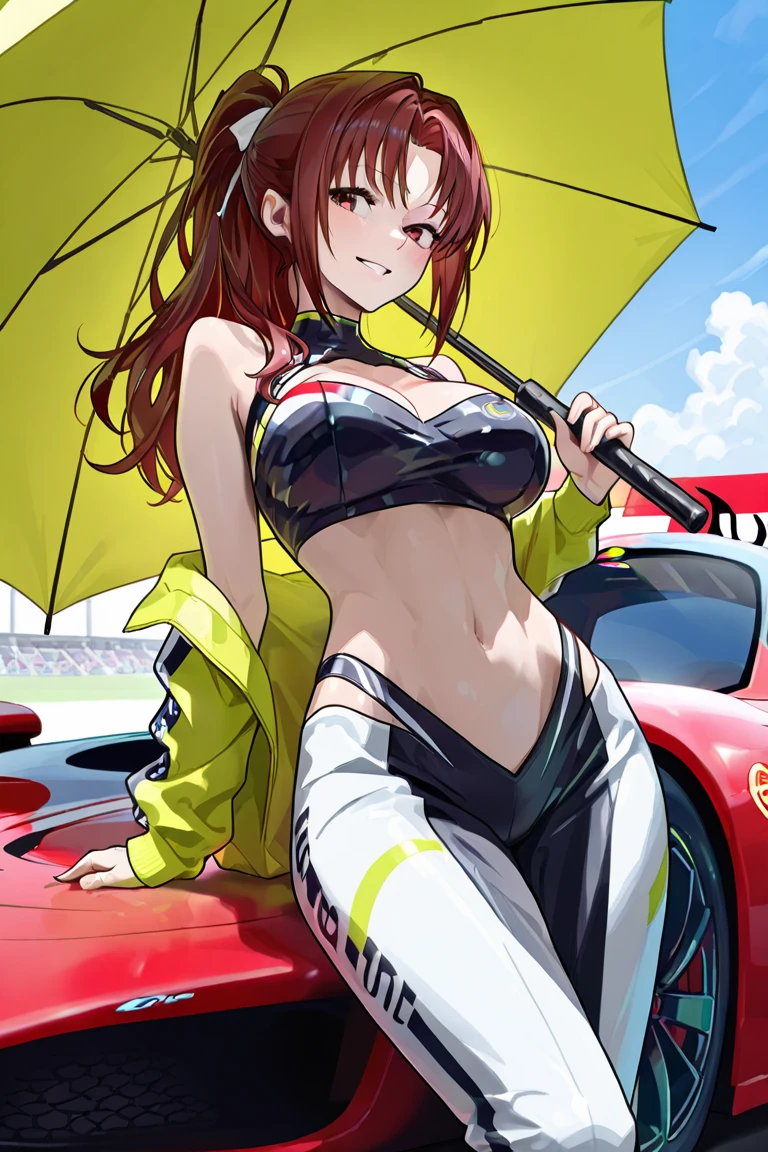((Highest quality)), ((masterpiece)), (detailed), One person, sexy、Formula Car、short hair、Race Queen、Swimwear、High heels、Parasol、smile、circuit、Black Stockings