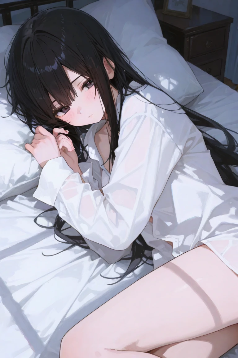 half closed eyes,embarrassed,(drooling), (sweat),The image shows a young girl lying on a bed, wearing a white school uniform with a short skirt and knee socks. She has long, dark hair that is styled in loose waves, and her face is expressionless. The background of the image is a white wall with a small window in the corner, and there is a white bed sheet on the bed. The overall atmosphere of the image is calm and serene, with no visible signs of movement or activity. The color of the clothes is white, which gives a clean and fresh look to the image. The image is shot from a low angle, which makes the girl appear small and vulnerable. The lighting is soft and diffused, casting a warm glow on the scene. The image is a still life, with no movement or action visible.(((fullbody)))((twintail))