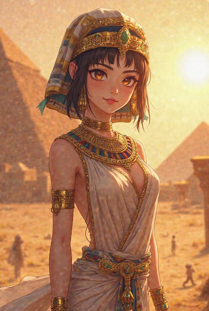 (1boy, otoko_no_ko:1.3), (solo:1.3), (light_blue_eyes, glowing_eyes:1.2), (black_hair:1.3), (short_hair, straight_hair, blunt_bangs:1.3), red_lips, (thick_lips:1.3), (white:1.3), (pale_skin:1.3), (light smile:1.1), (half-closed_eyes:1.2), BREAK

(standing:1.2), (narrow_waist:1.3), thick_thighs, wide_hips, (flat_chest:1.3), BREAK

(white tube_top:1.2), white crop_top, strapless, (white loincloth:1.2), (black fox_ears:1.1), egyptian_clothes, ornate, gold_trim, gold tiara, bracelet, gold_choker, shiny gold, divine, celestial, ankh, egyptian, BREAK

(outdoors, sky, clouds, day, desert:1.3), BREAK

SLE, mksks style, best quality, masterpiece, detailed background, highly detailed, intricate, detailed face, long eyelashes, detailed eyes, <lora:GoodHands-vanilla:1> <lyco:NijiJourney-LyCoris-V6:1> <lora:★saturation:-0.5> <lora:hadanuri1:1>