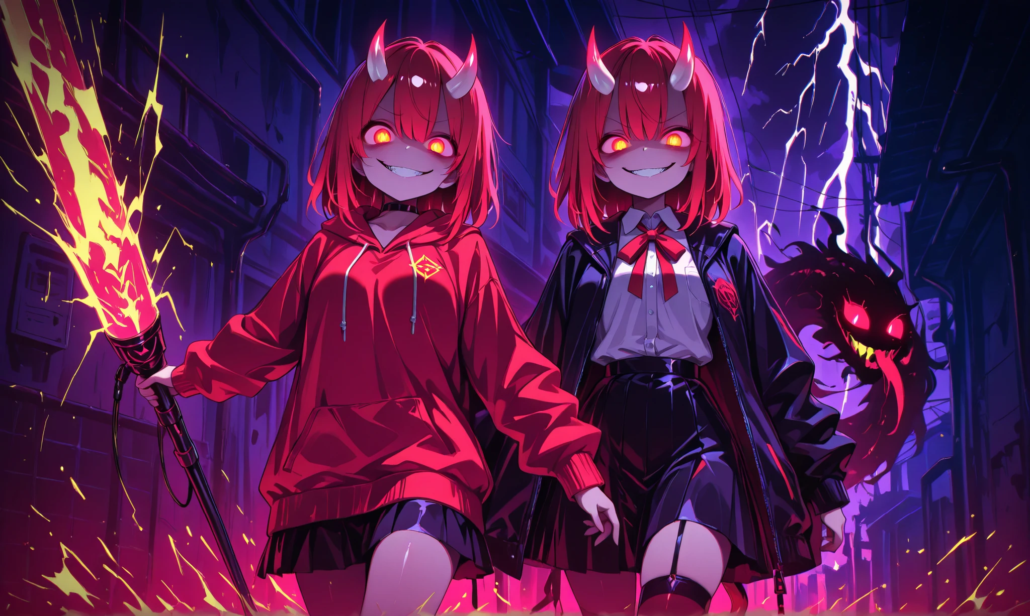 (right girl: glowing eyes, parted lips, evil smile, gesugao), ((left girl: cute look, gentle smile, smiling, small horns:1.3); Quality: masterpiece, best quality, amazing quality, ultra-detailed, highly aesthetic, absurdres, (4k,8k,Ultra HD), newest, very awa, highres; glowneon,glowing,sparks,lightning, hauntedglow, glowing eyes