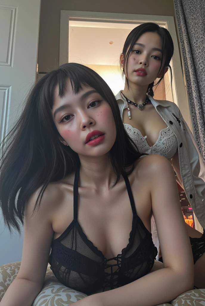 Create a realistic image of a curvy Asian girl in a black swimsuit, que su cabello sea gris y largo