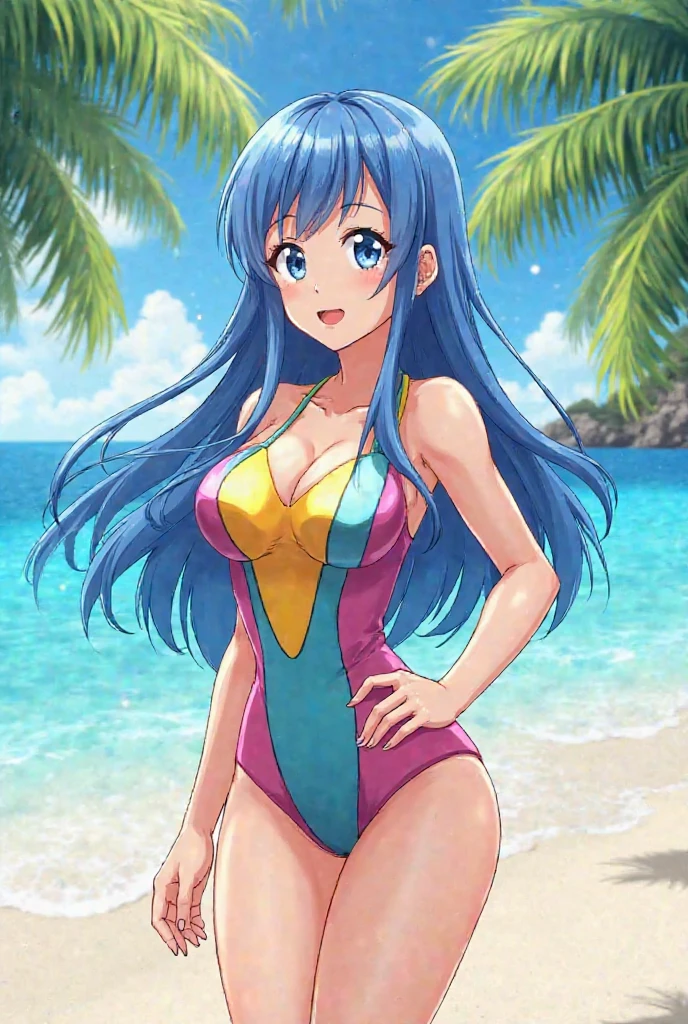 tana_fe_swimsuit, 1girl, cowboy shot, smile, medium breasts, one-piece swimsuit, thighs, twin braids