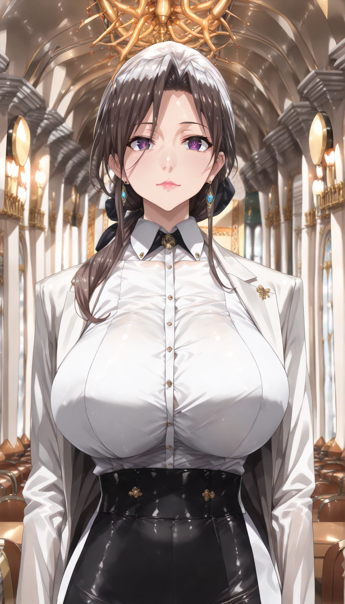 Masterpiece, source_hentai, top quality, amazing quality, very aesthetic, high resolution, super detailed, lighting, colorful, absurd, latest, 1 Girl, Beautiful Woman, Expressive Eyes, Detailed Face, Beautiful Face, Looking at viewer, Moist lips, Large Breasts, Tight Waist, Hourgla ss Figure, (standing), (mature woman, milf), ((massive breasts)), wearing business clothes Dynamic lighting, Cinematic lighting, Simple background, (Large Digital Artwork), (Detail Cartoon Illustration), (Detail Line Drawing), ((Perfect Anatomy)), (Complex Detail:1.3), (Super Detail:1.3), (1 Ilustration:1.3), (professional clothes:1.3), (Natural Light:1.05), courtroom setting