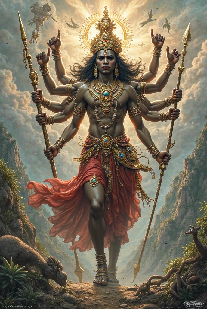 (photorealism:1.2), God Vishnu fighting a demon who has one thousand hands, by Greg Rutkowski, by Alphonse Mucha