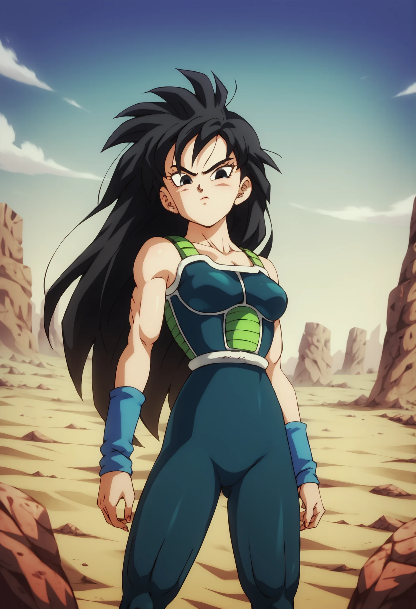by mattari illust, 1girl, black eyes, black hair, ((semi long hair)), spiky hair, closed mouth, female focus, female, wasteland, ((dark teal bodysuit)), skintight suit, (shortsleeved), solo, blue wristband, dbsb, possible sister of Bardock, no armor,