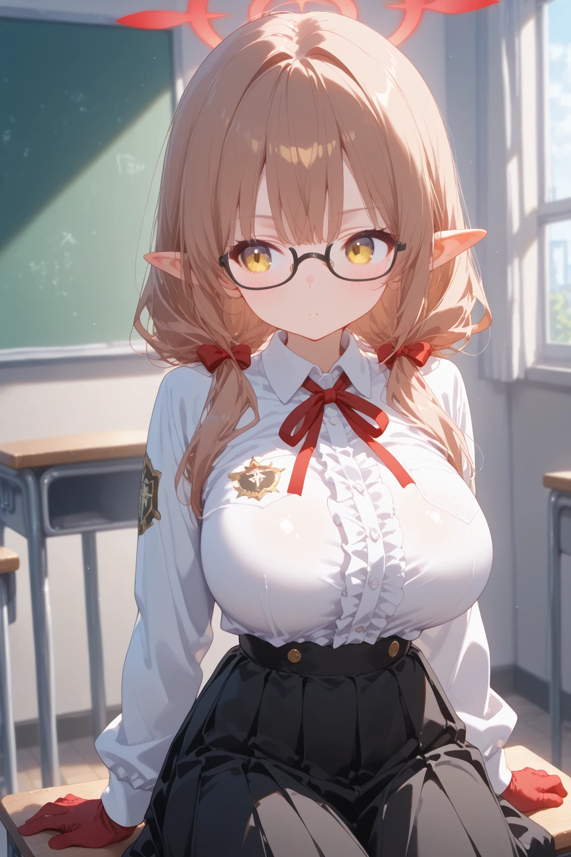 sfw,1girl, utage (arknights), breasts, solo, animal ears, purple eyes, tongue out, nipples, official alternate costume, tongue, pantyhose, skirt, glasses, hat, tail, animal ear fluff, blush, large breasts, looking at viewer, black skirt, shirt, red ribbon, breasts out, black shirt, neck ribbon, :q, ribbon, black headwear, sweat, pleated skirt, miniskirt, holding, jacket, smile, licking lips, black-framed eyewear, bangs, hair ornament, black jacket, long sleeves, brown hair, no bra, holding bag, hairclip, hanging breasts, leaning forward<lora:Mikozinn:1>,