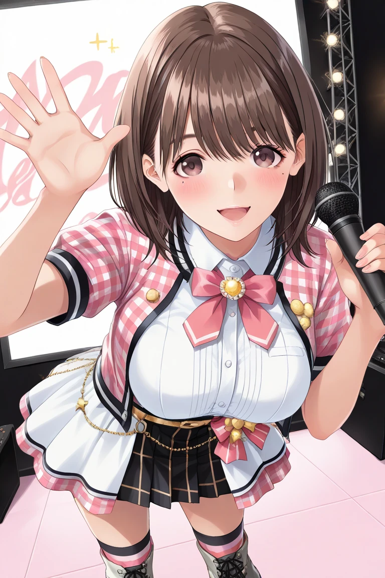 highest quality、High resolution、Detailed Background、(Beautiful face in every detail:1.4)、Anatomically correct、(Detailed facial expressions)、Teenage beauty、(Highly detailed face:1.4)、(Huge breasts:1.3)、Accentuate your cleavage、Show your side、A big smile、smile、
A sailor dress with a fluttering pink ribbon、A soft silhouette、Pretty figure、Cute gestures、
Standing on stage with big shining eyes、A sparkling smile that captivates the audience、A clear singing voice echoes through the venue、I was enchanted by the heart-tugging voice.、Her small hands move gracefully as she sings、I'm fascinated by her angelic behavior、A dreamlike sight、I am fascinated by her pure expression.、This moment is so wonderful I want to hold it forever、I'm grateful for the miracle of meeting this lovely girl.、A goddess of the stage who continues to shine forever、cute