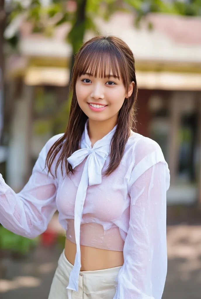 (The body is facing the viewer :1.2), (the body is facing the front:1.2, Lens 135mm f1.8, (highest quality),(RAW photo), slender bpdy, (Beautiful 15year old Japanese girl), cute face, (deeply carved face:0.7), (freckles:0.6), ,dramatic , (crop top sleevless_shirt), (inside the school classroom), shy, low twintails, ,shy smile,, (sparkling eyes)、( standing),((photo from the waist up)) ,do not emphasize the top of the bust, ,