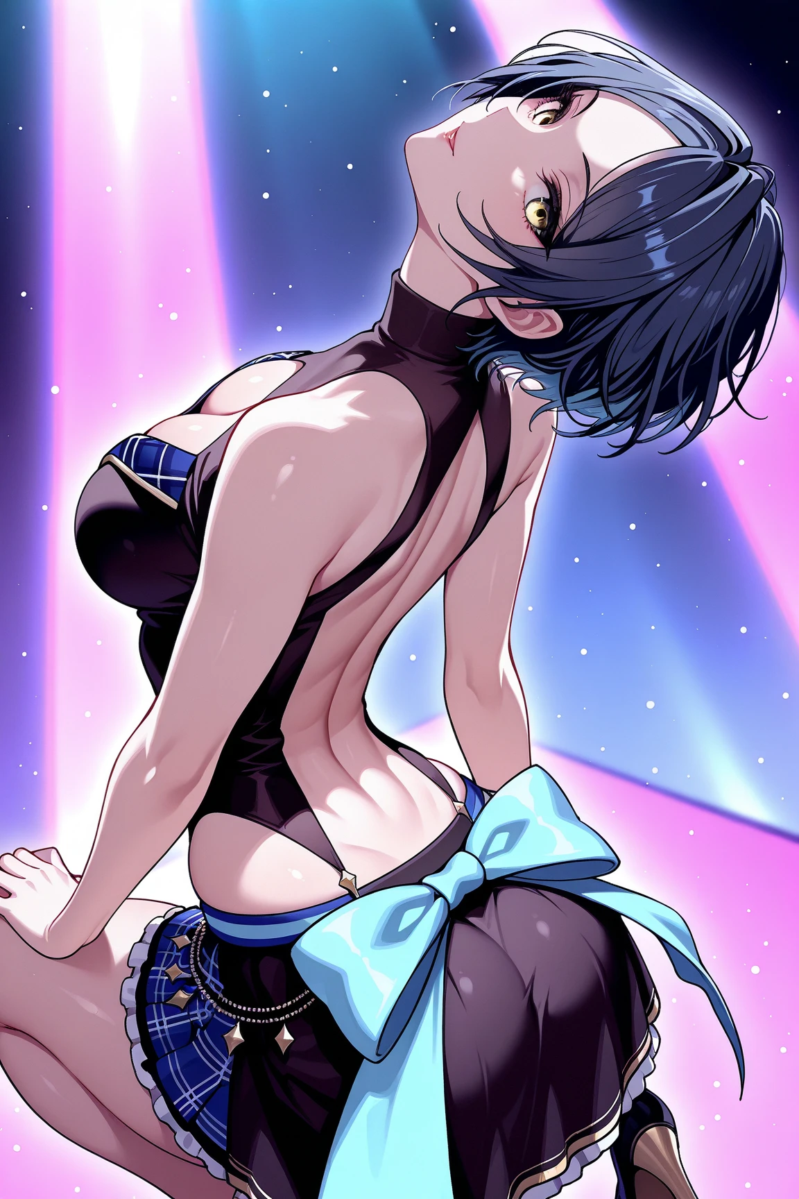 Highest quality,masterpiece,Hard rock band vocalist,Dark silver hair,Live Stage,Radical Slingshot Swimsuit,Small live music venue,Back view, beautiful African American woman.